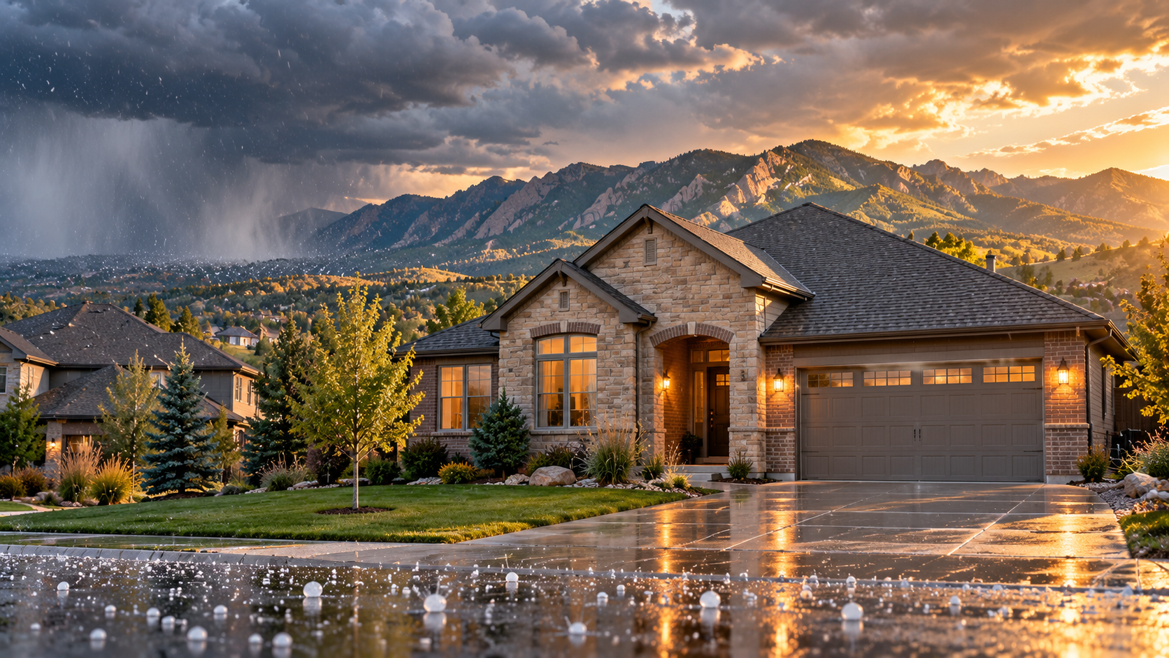 Colorado home with Front Range foothills behind it under a stormy sky breaking into sunlight