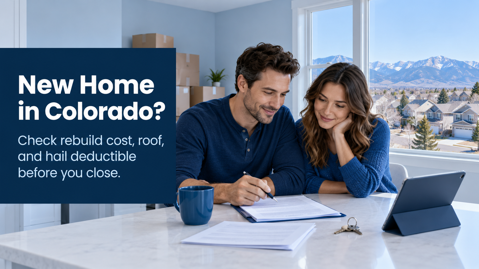 New homeowners at a kitchen table with moving boxes reviewing insurance papers, Front Range foothills visible through the window
